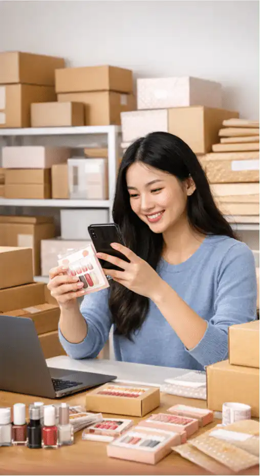 Woman with nails and phone amongst shipping boxes.