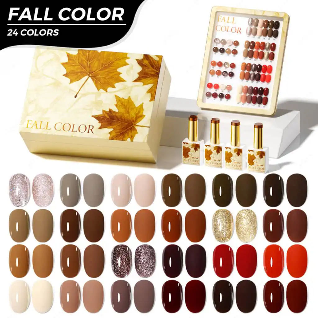 Fall color nail polish gel collection with leaf design box