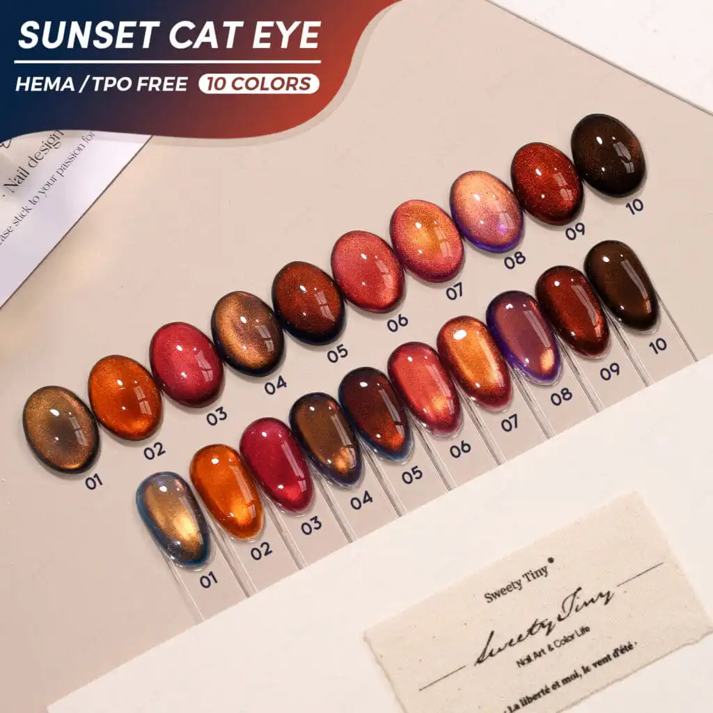 Sunset cat eye nail polish color swatches display