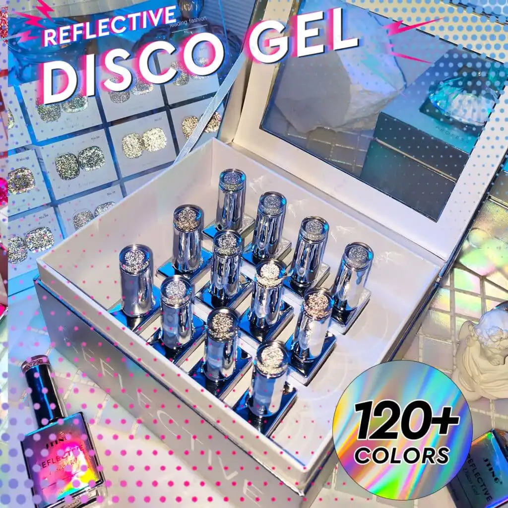 Reflective disco gel nail polish set with 120+ colors.