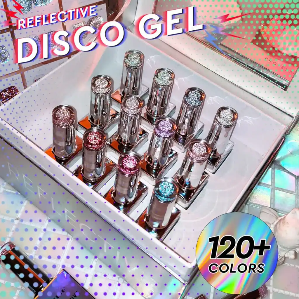 Reflective disco gel nail polish set with 120+ colors.