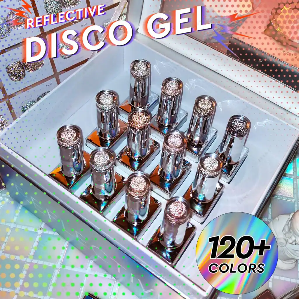 Reflective disco gel nail polish set, 120+ colors.