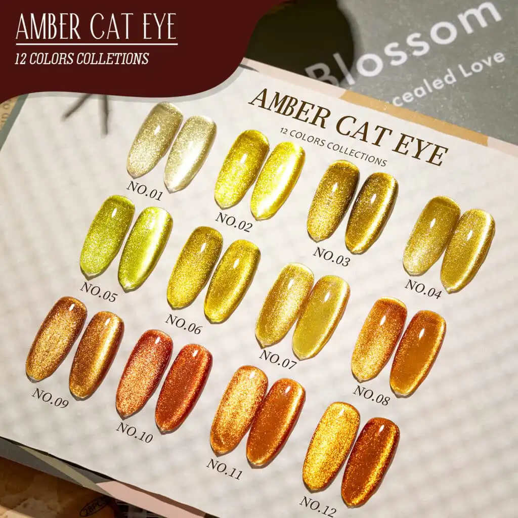 Amber cat eye nail polish collection swatches.