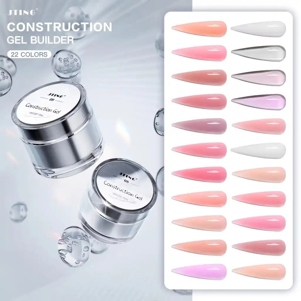 JTING construction gel builder and color nail swatches.