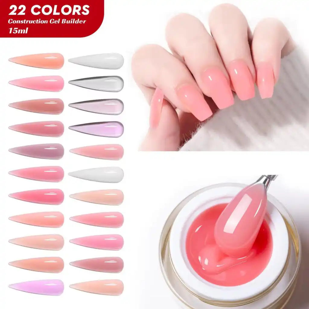 Pink gel builder nail polish and various color swatches.