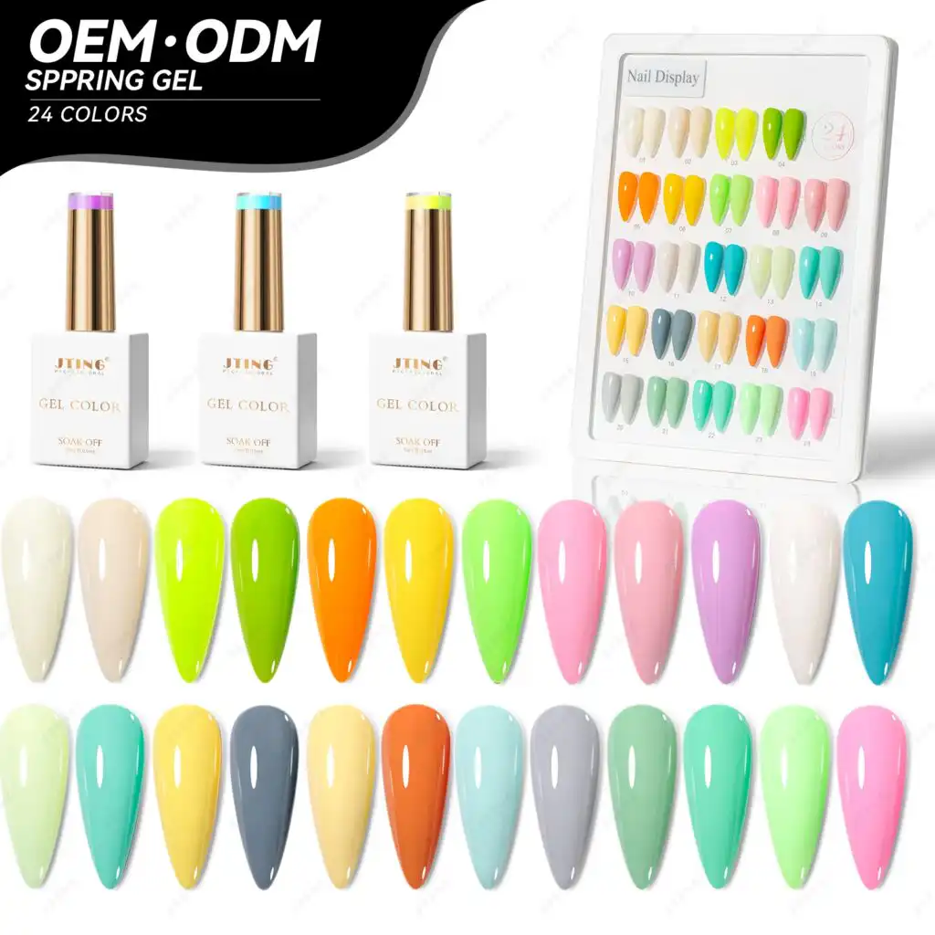 vibrant spring gel nail polish bottles and color display