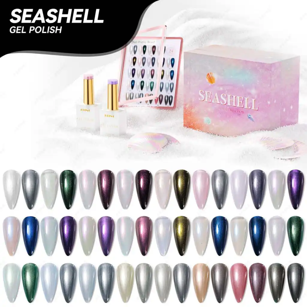 Seashell gel polish collection with diverse iridescent colors