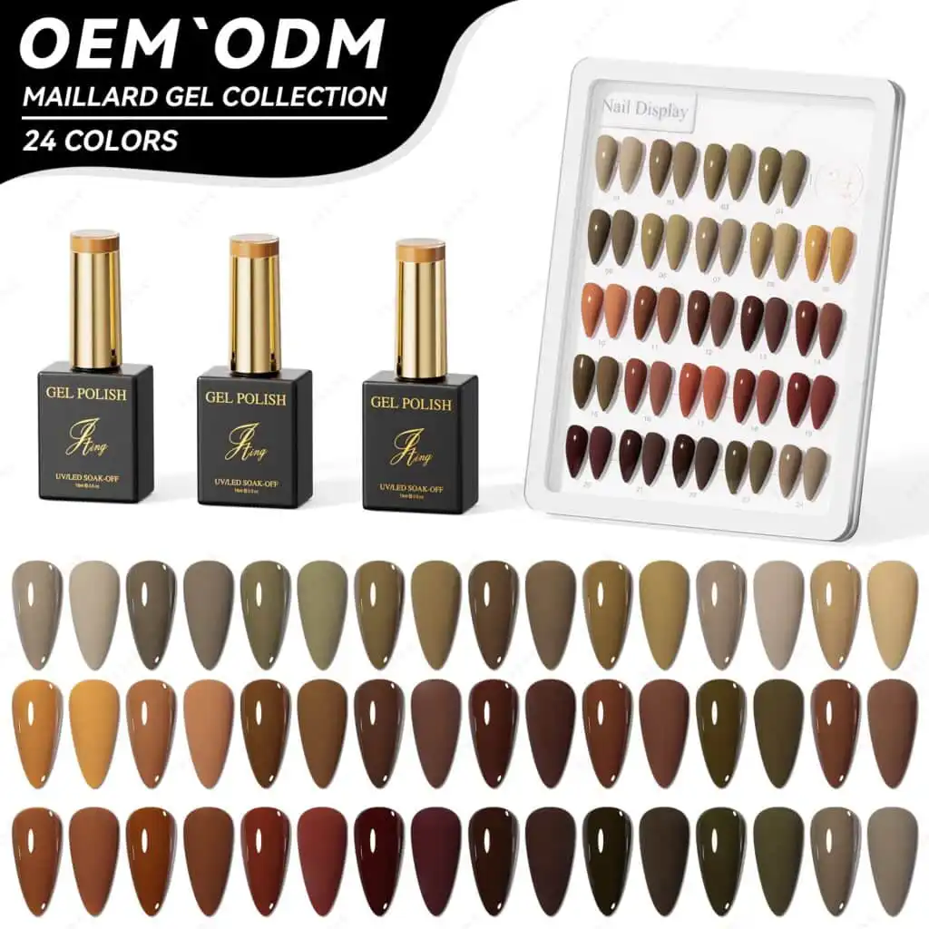 Maillard gel polish collection: bottles and display of earthy colors