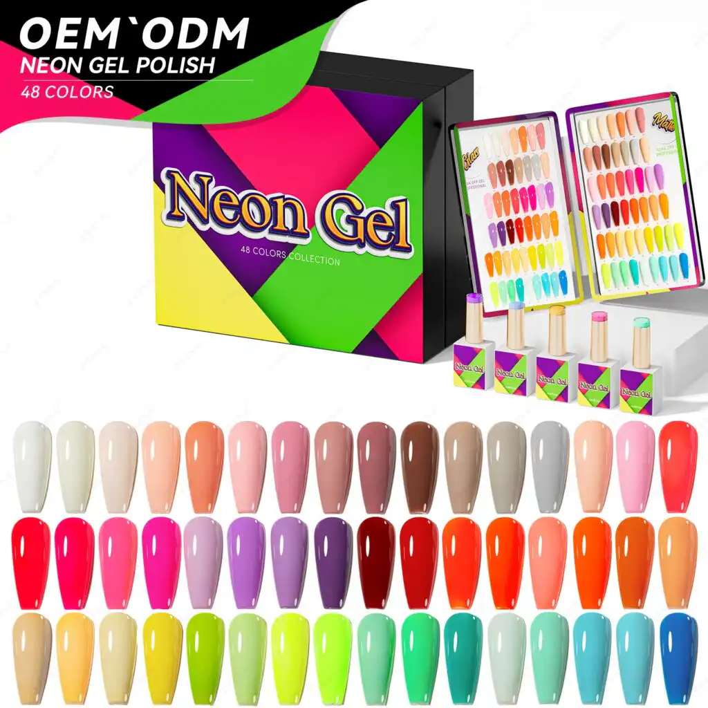 Vibrant collection of neon gel polish colors and display.