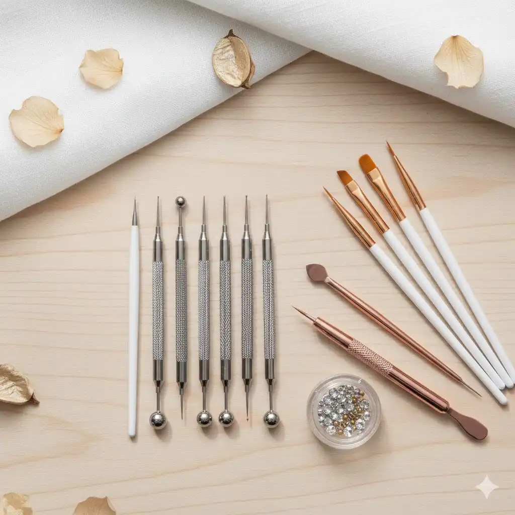 Nail art tools with brushes, studs, and dotting tools.