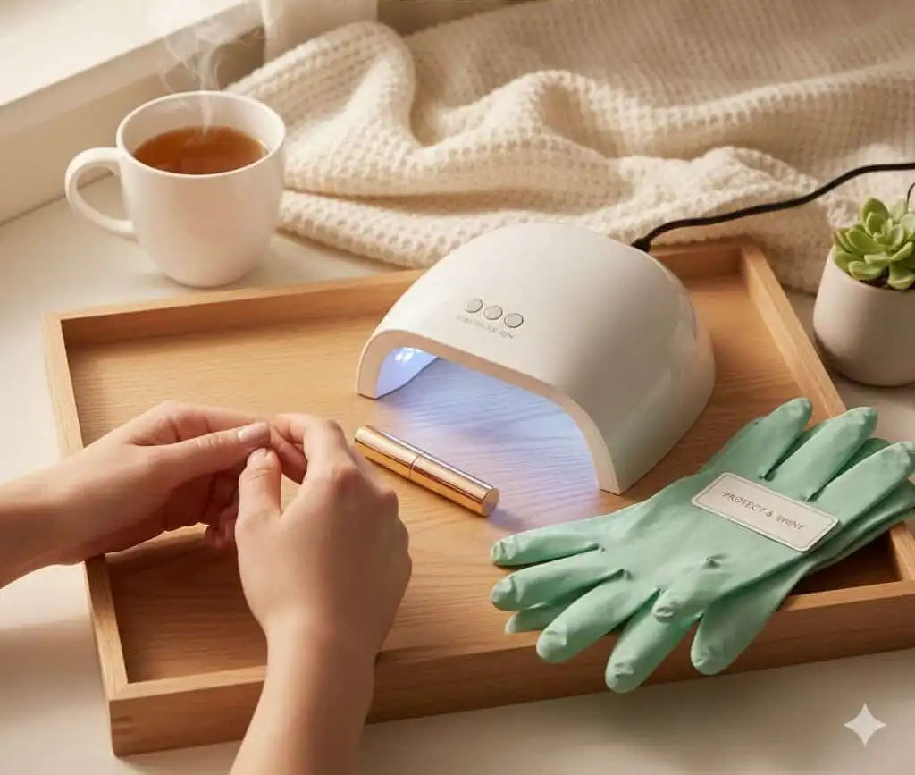 Nail curing lamp and gloves on tray