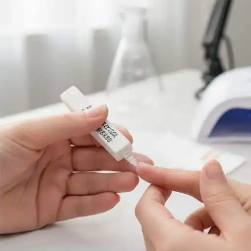 Manicurist applies cuticle oil with dropper.
