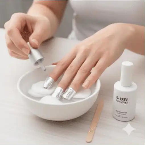 Nail polish removal process using foil and acetone.