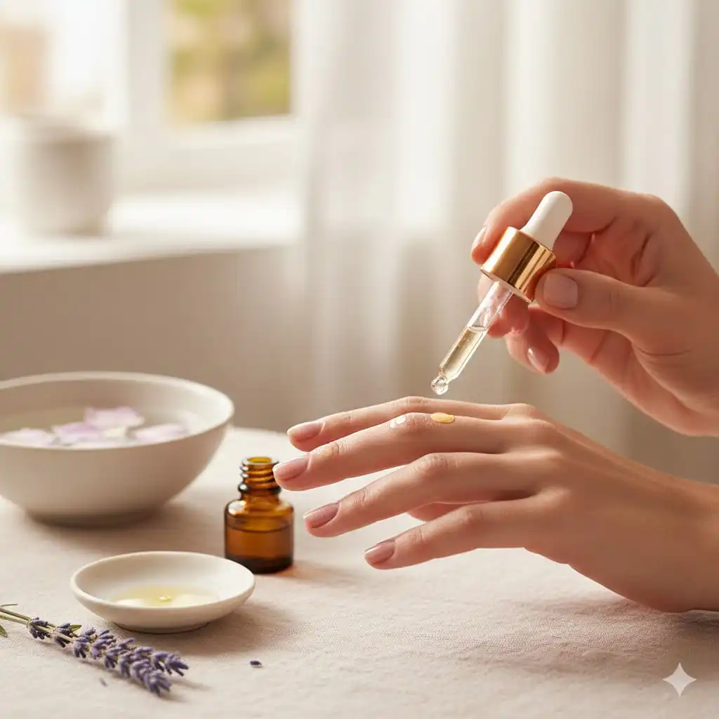 Hand applying essential oil with dropper. Aromatherapy, skincare.