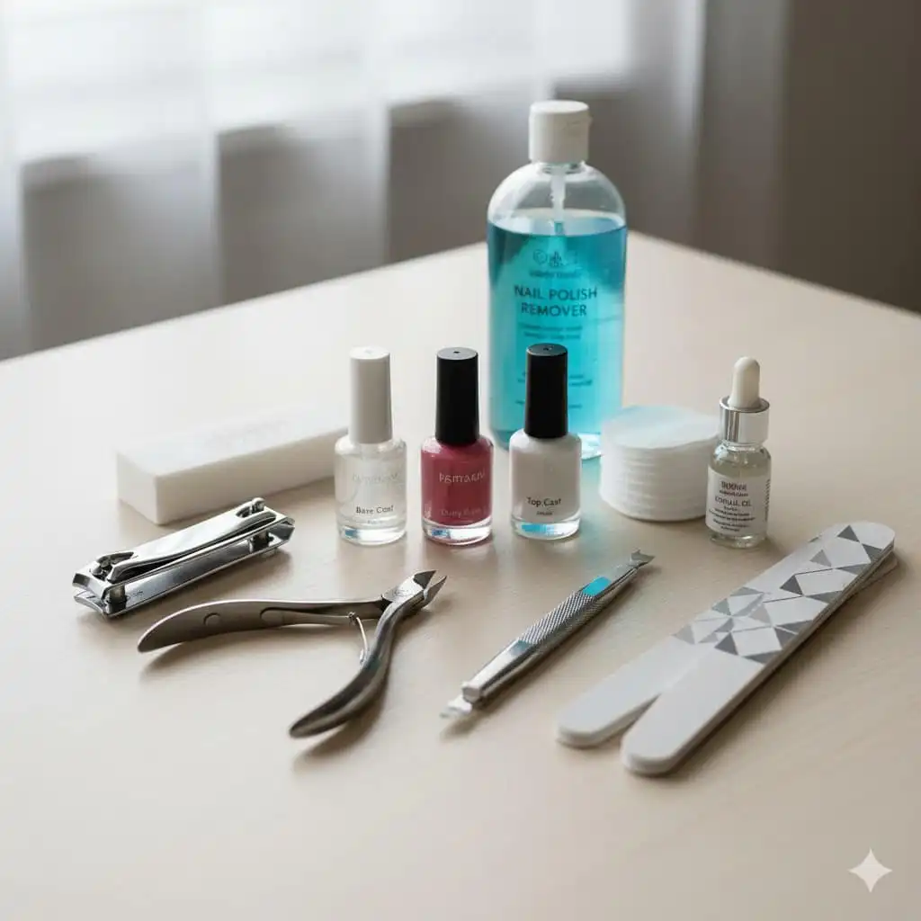 Nail care kit with polish, remover, and tools.