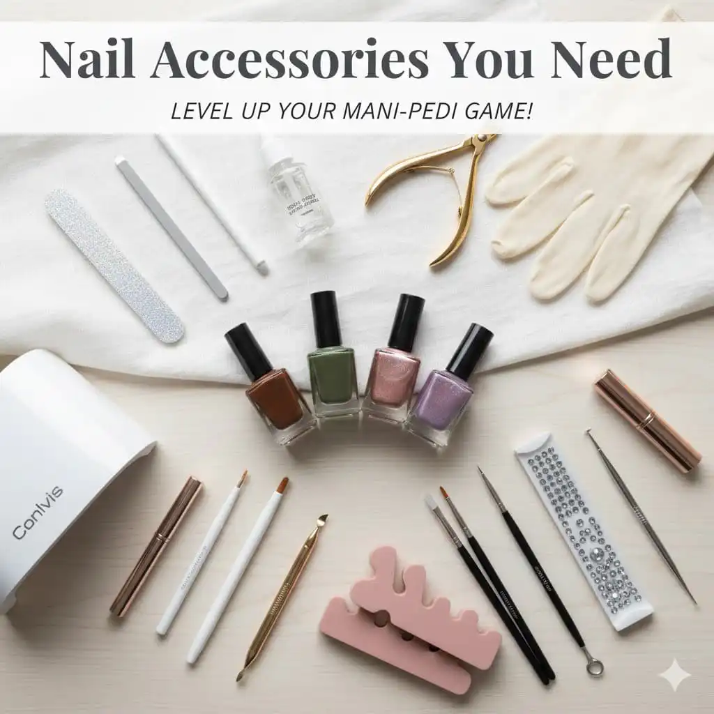 Mani-pedi essentials: nail polish, tools, UV lamp, gloves.