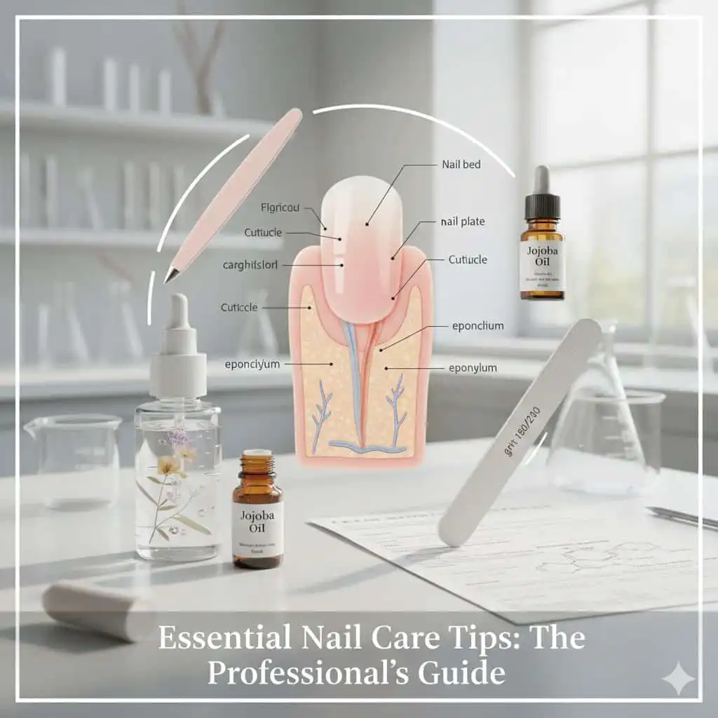Nail anatomy diagram with jojoba oil and manicure tools.