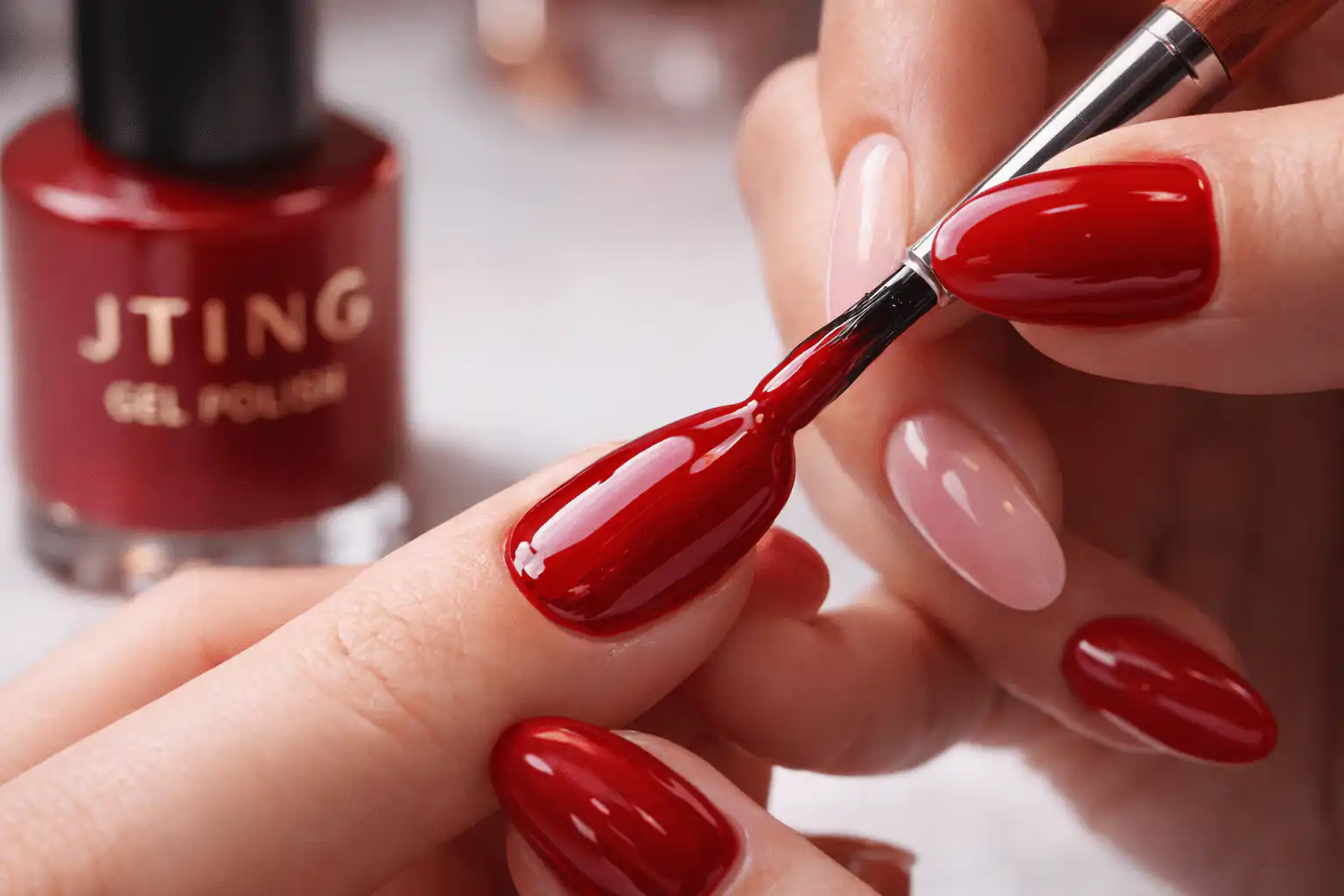 High-pigment professional gel polish application showing smooth self-leveling texture