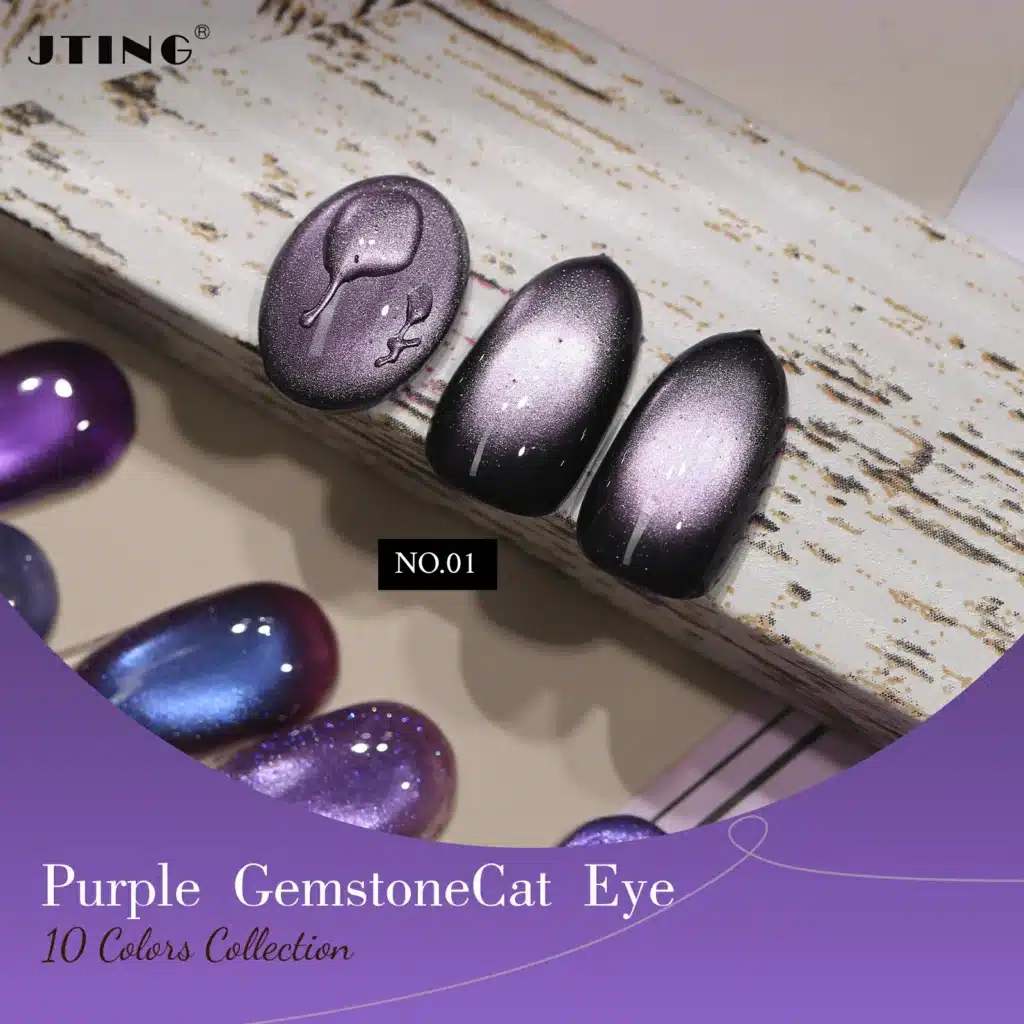Macro photograph of Shade 01 of JTING 'Royal Radiance' Purple Gemstone Cat Eye Gel, from 'The Void Purples' group, on a single manicured fingernail. Features a deep, velvety purple base and a prominent, shimmering silver magnetic cat eye stripe, set against a minimalist grey background.