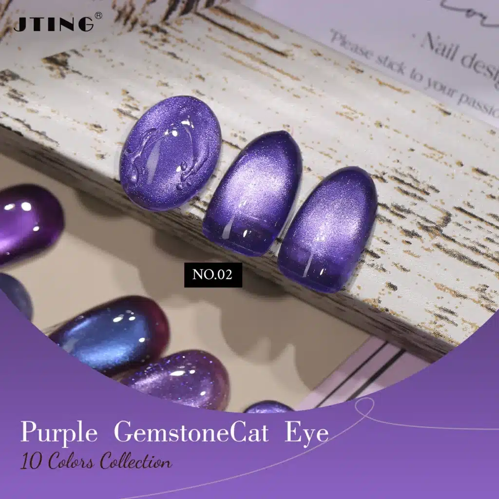 Close-up macro view of JTING 'Royal Radiance' Gemstone Cat Eye, Shade 02 (The Void Purples), on a natural manicured nail. Shows a shadowy purple base with a clear, shimmering magnetic cat eye effect. By JTING NAIL.