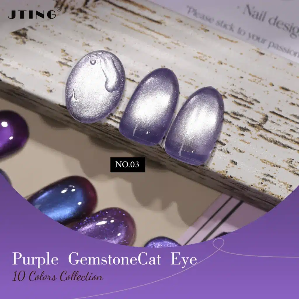 Macro shot of Shade 03, JTING 'Royal Radiance' Purple Gemstone Cat Eye Gel (The Void Purples), on a fingernail. Features a rich violet base and a sharp, shimmering magnetic line.