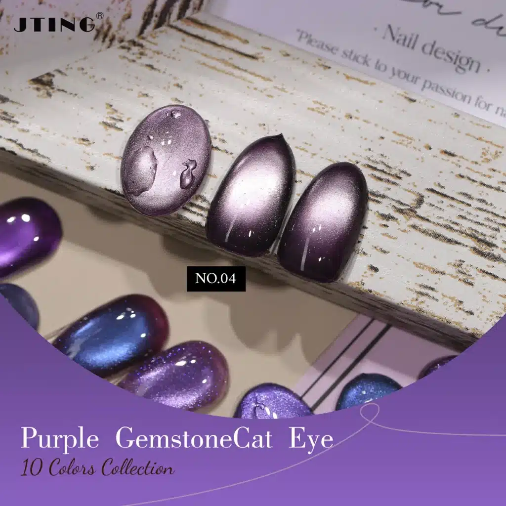radiance-gemstone-cat-eye-shade-04.jpg Close-up macro photograph of JTING 'Royal Radiance' Gemstone Cat Eye Gel, Shade 04, from 'The Jewel Midtones' group, on a manicured natural fingernail. Features a dynamic, bright amethyst base and a brilliant shimmering magnetic effect.