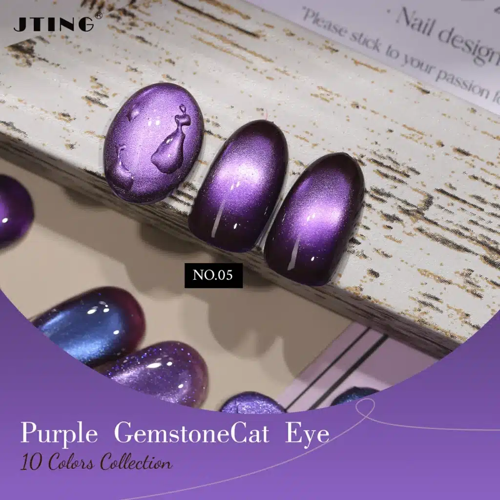 Macro photograph of JTING 'Royal Radiance' Gemstone Cat Eye, Shade 05 (The Jewel Midtones), on a fingernail. Shows a rich, gemstone-toned sapphire purple base with a shimmering magnetic line. Minimalist grey background.