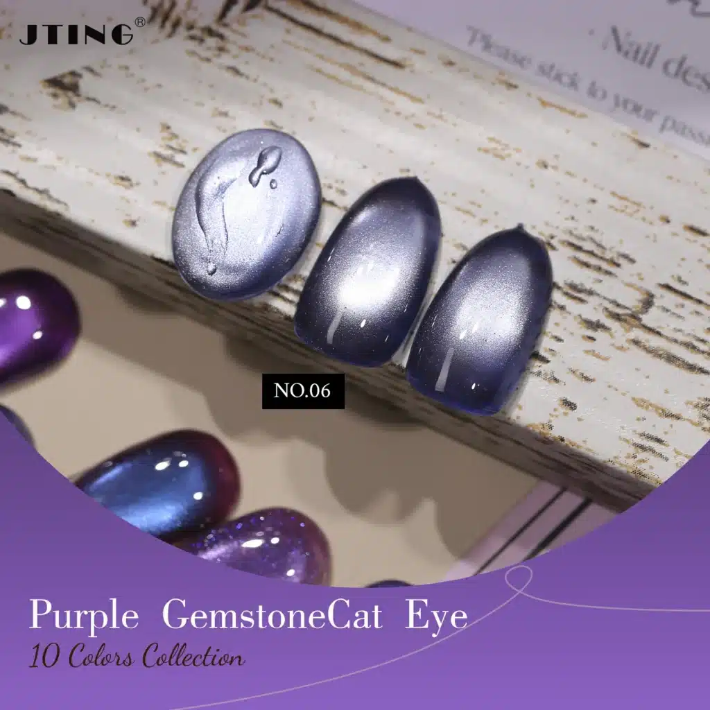 radiance-gemstone-cat-eye-shade-06.jpg Macro shot of Shade 06, JTING 'Royal Radiance' Purple Gemstone Cat Eye Gel (The Jewel Midtones), on a single nail. Features a vibrant royal purple base and a bright, shimmering magnetic line.