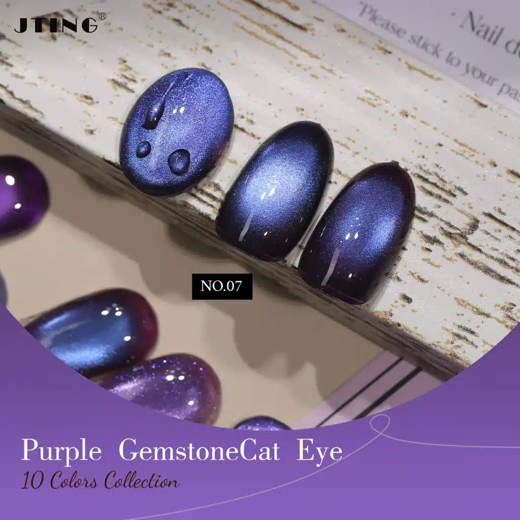 Close-up macro of JTING 'Royal Radiance' Gemstone Cat Eye Gel, Shade 07 (The Jewel Midtones), on a manicured natural nail. Shows a lush purple base and a shimmering magnetic effect.