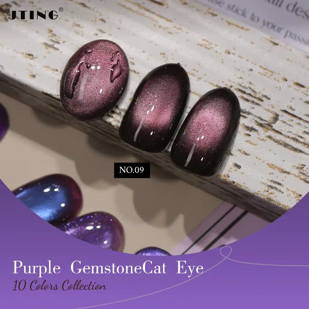 Macro view of JTING 'Royal Radiance' Gemstone Cat Eye, Shade 09 (The Unexpected Shifts), on a natural nail. Shows a duochrome purple base and a sharp, shimmering magnetic cat eye effect.