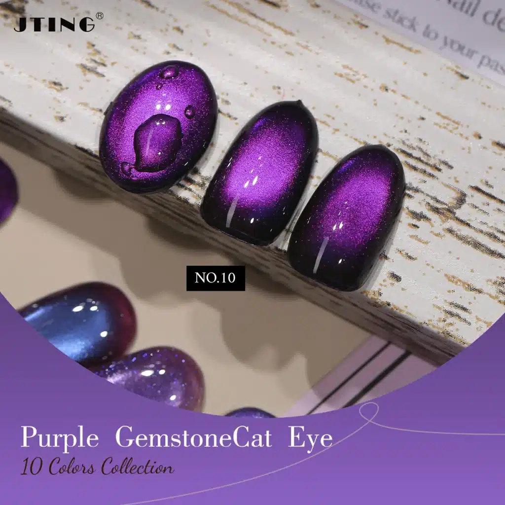 A macro photograph of JTING 'Royal Radiance' Purple Gemstone Cat Eye Gel, Shade 10 (The Unexpected Shifts), on a single manicured fingernail. Features a complex, shifting purple base with a brilliant, shimmering magnetic line. Set against a minimalist grey background.