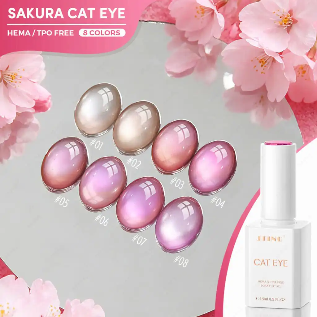 JTING NAIL Sakura Cat Eye Gel Polish Set, 8 Colors, HEMA and TPO Free for Professional Salons.