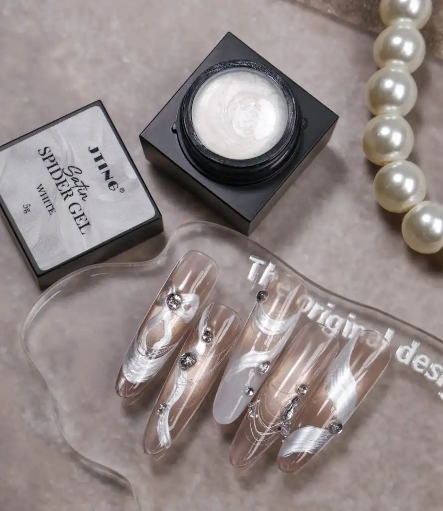 JTING NAIL Satin Spider Gel White Series Jar and Finished Nail Tip Art Showcase.