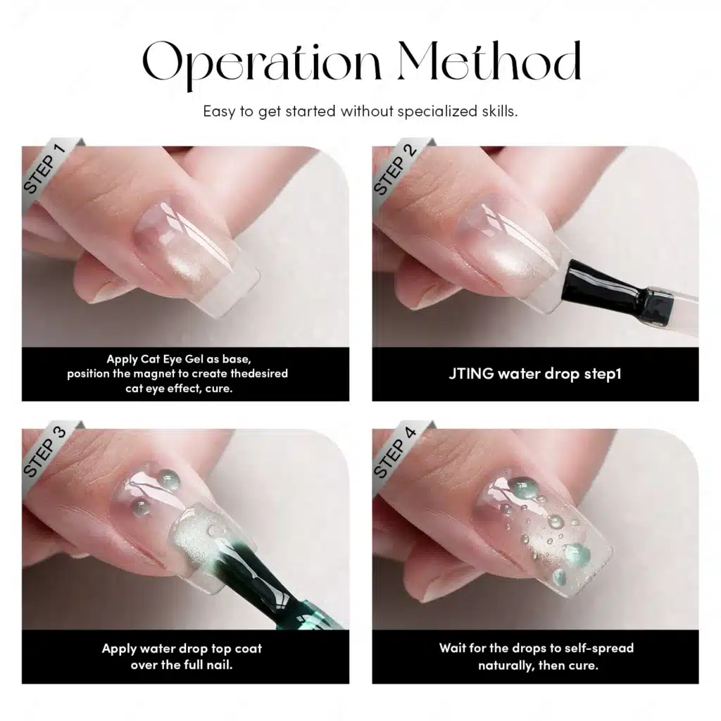 Step by step operation method tutorial for applying cat eye gel base and water drop top coat