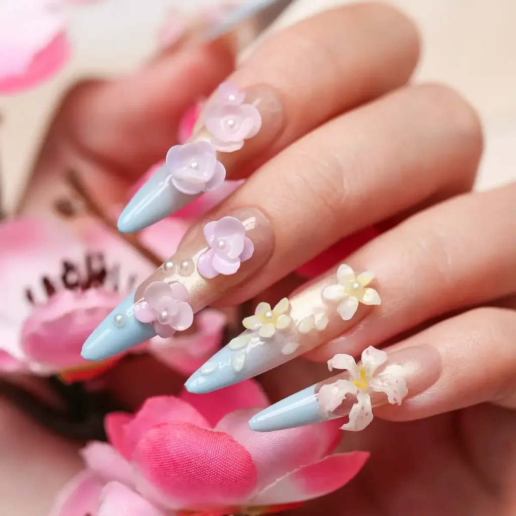 Professional Salon Results 3D White Florals on Stiletto Extension Nails