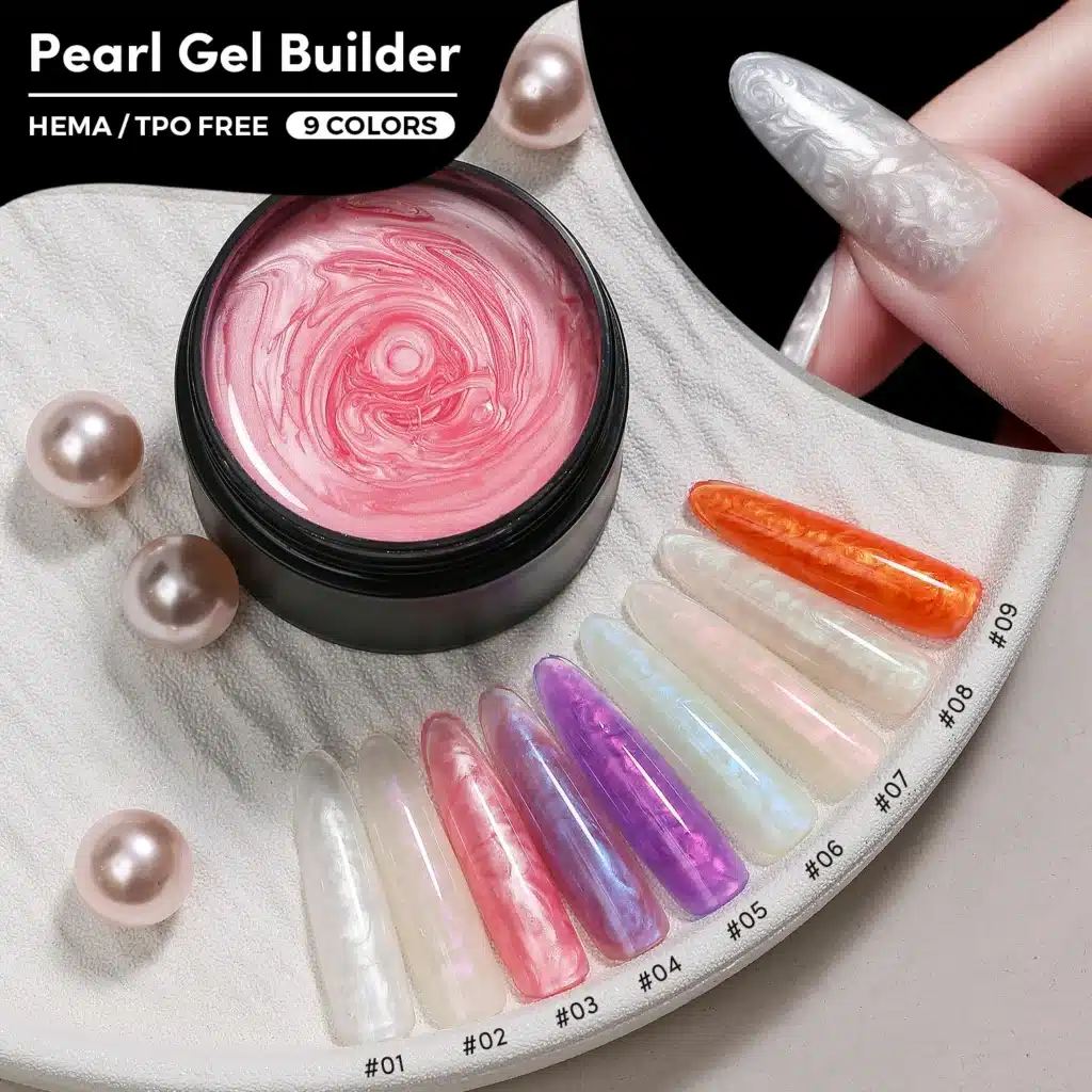 JTING 9-color pearl gel builder palette featuring a rich pink shimmer jar and elegant nail extensions for wholesale supply