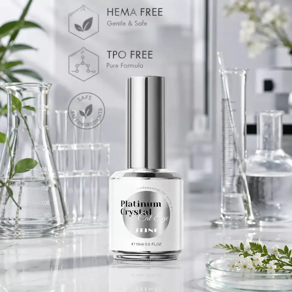 JTING Platinum Crystal Cat Eye professional nail polish gel bottle on a clean cosmetic laboratory bench, featuring HEMA-free and TPO-free pure formulas.