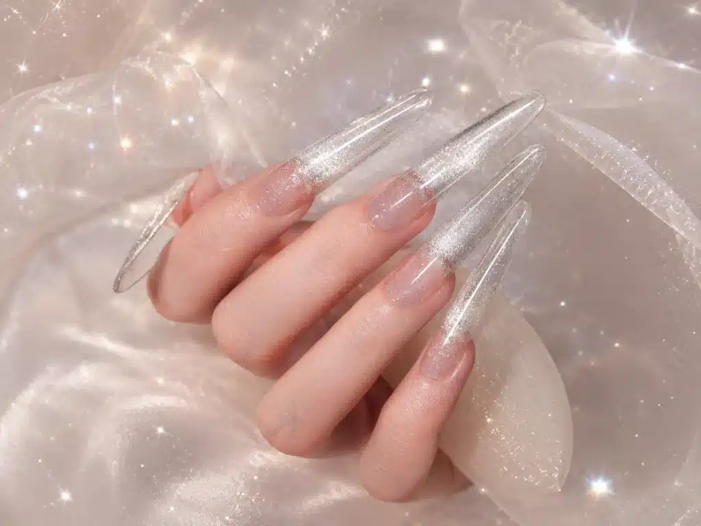 Elegant long nail tips showing the cosmic pouring galaxy effect when JTING Platinum Crystal Cat Eye is stacked over a sheer nude foundation.
