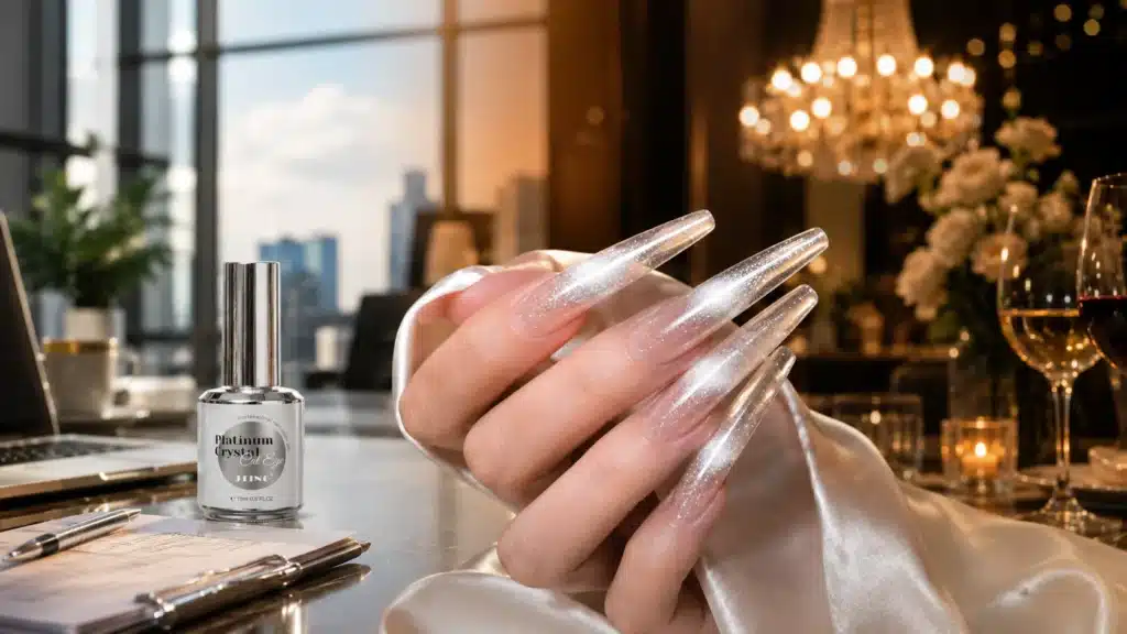 JTING Platinum Crystal Cat Eye silver bottle and a manicured hand set against a high-end office meeting and evening dinner blurred lifestyle background.