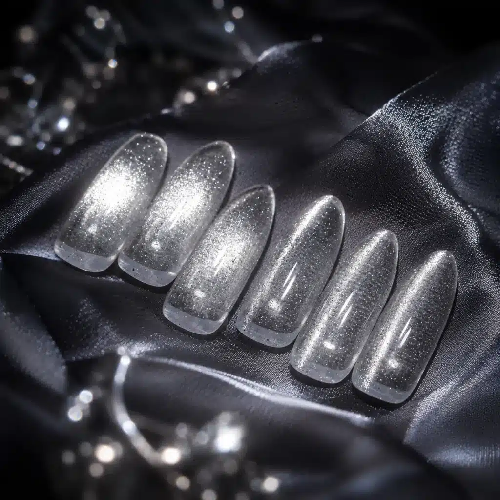 Clear nail tips on a luxury dark satin fabric background, highlighting the intense white-bright magnetic powder particles of JTING Platinum Crystal Cat Eye.