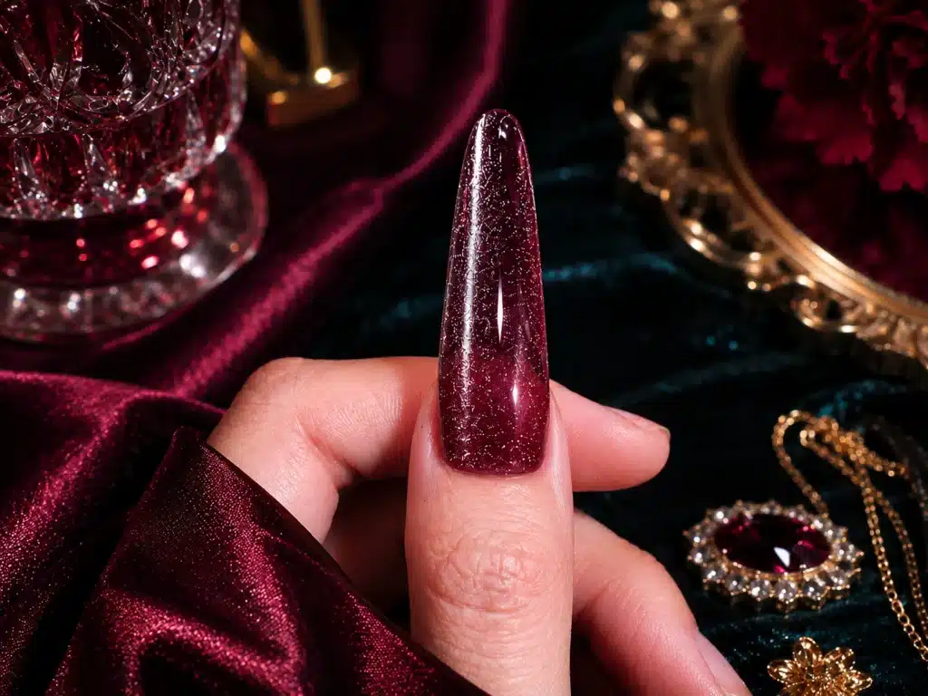 A deep wine red manicured nail showcasing a high-saturation base layer elevated by a reflective plane of JTING Platinum Crystal Cat Eye magnetism.