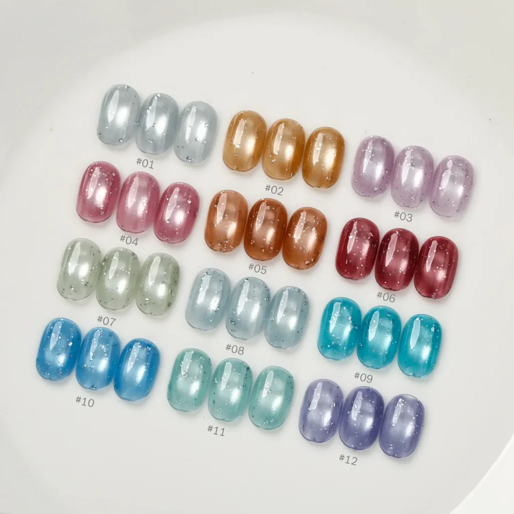 Twelve curated bubble cat eye gel polish swatches arranged cleanly in rows on a white palette background for commercial salon display