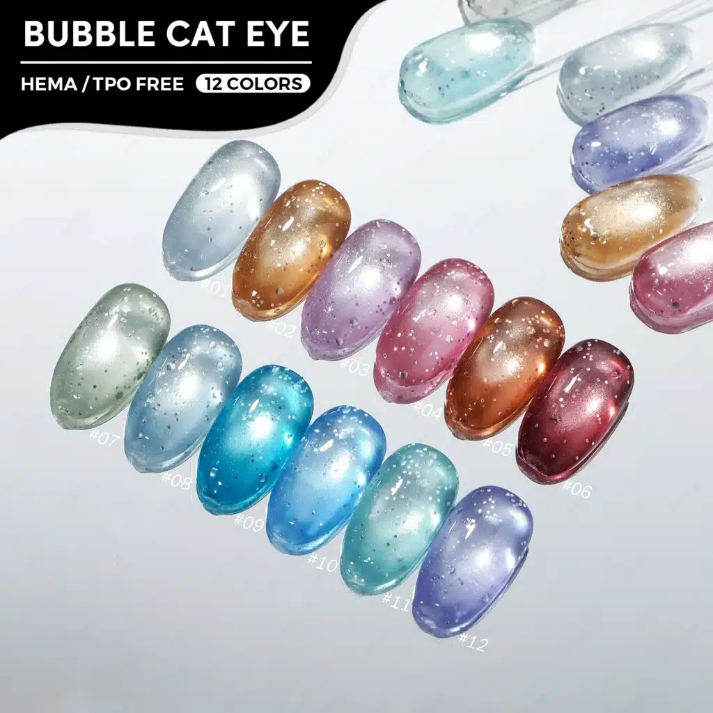 JTING Bubble Cat Eye Gel Polish 12 Colors Collection, featuring crystal jelly texture and bubble glitter particles.