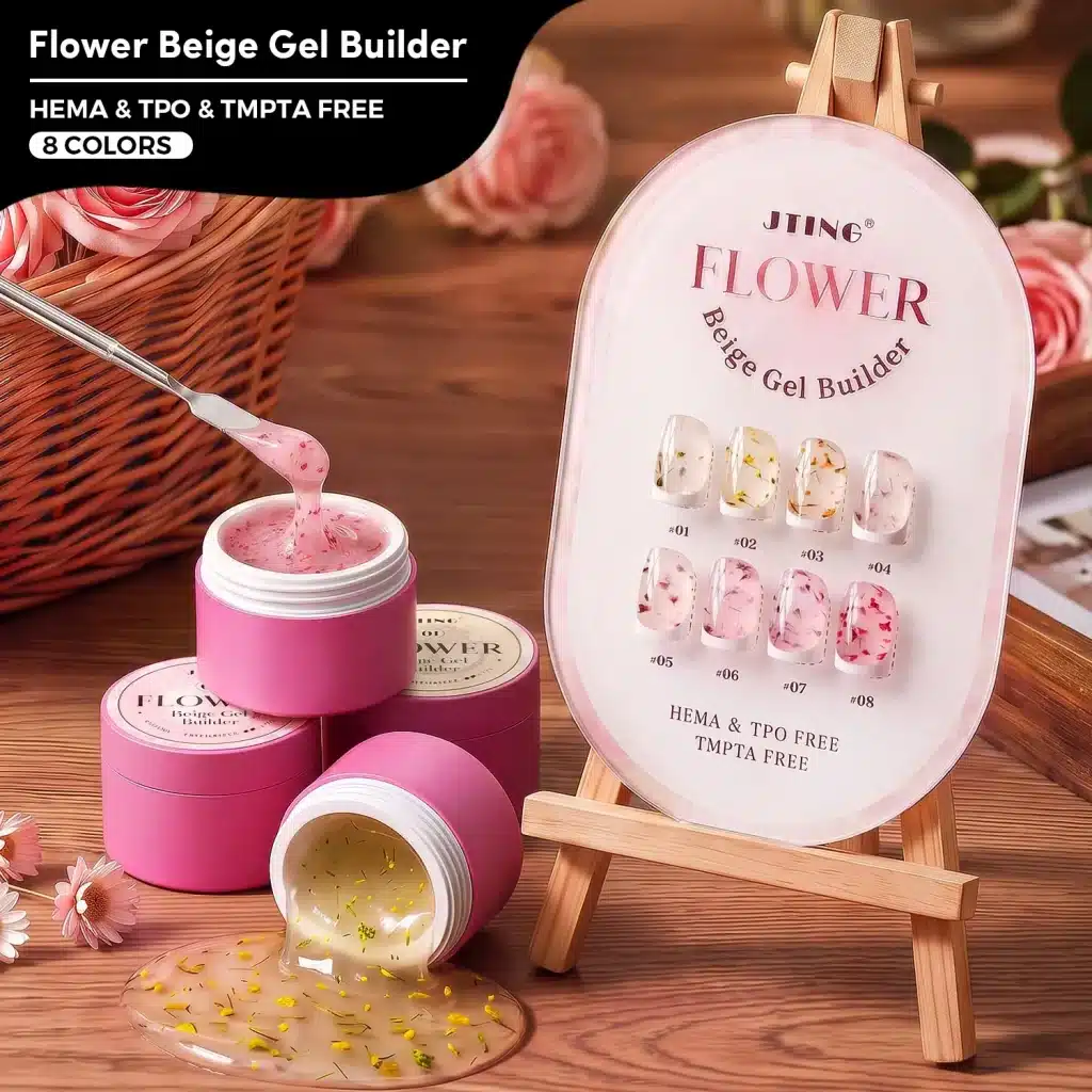 JTING Flower Beige Gel Builder 8-color dried flower collection, HEMA/TPO/TMPTA-free nail extension formula. Contact for bulk wholesale pricing and custom OEM/ODM private label.