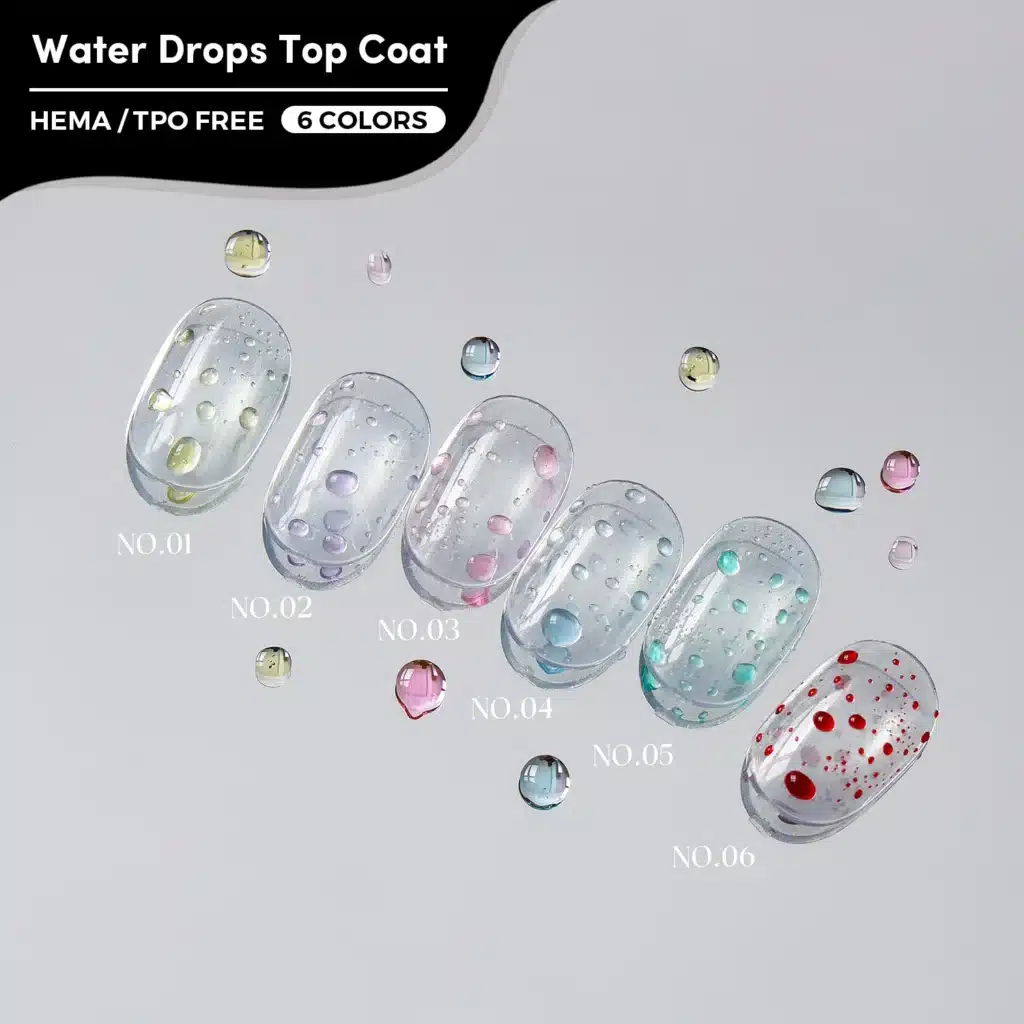 Featured cover image of JTING® HEMA-free and TPO-free 3D Water Drops Top Coat, showcasing 6 vibrant color swatches (No.01 to No.06) on a reflective surface for professional B2B nail salons.