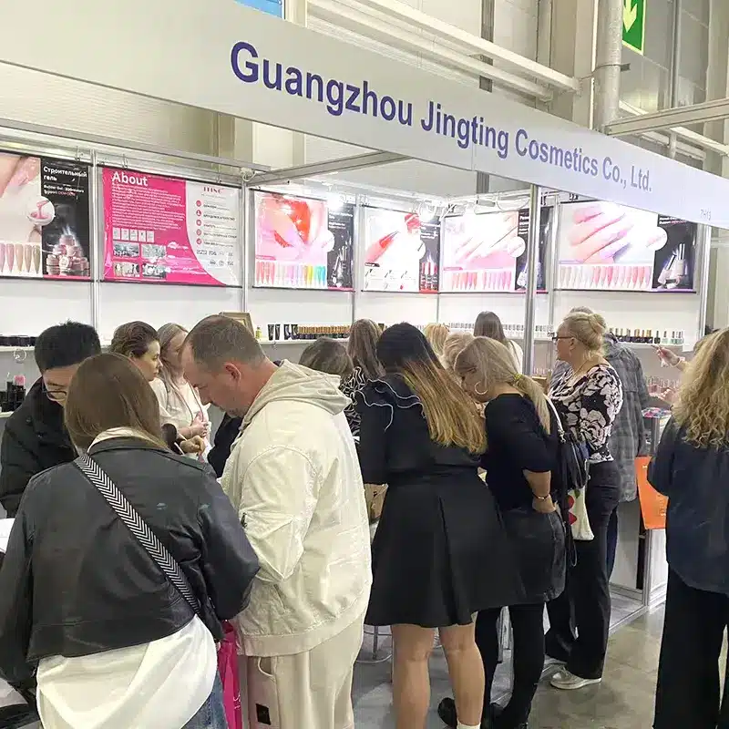 Guangzhou Jingting Cosmetics at Russia Beauty Expo, showcasing premium HEMA-free nail gel products to international salon distributors. Contact for wholesale cooperation and OEM/ODM factory partnerships.