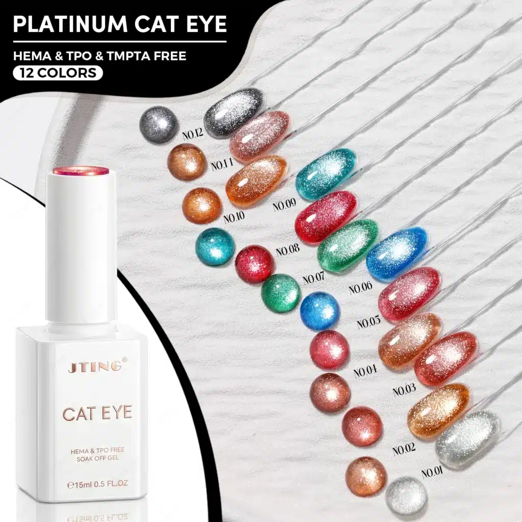 JTING Platinum Cat Eye Gel Polish, 12-color premium collection. HEMA/TPO/TMPTA-free formula for professional salon use. Bulk orders available.