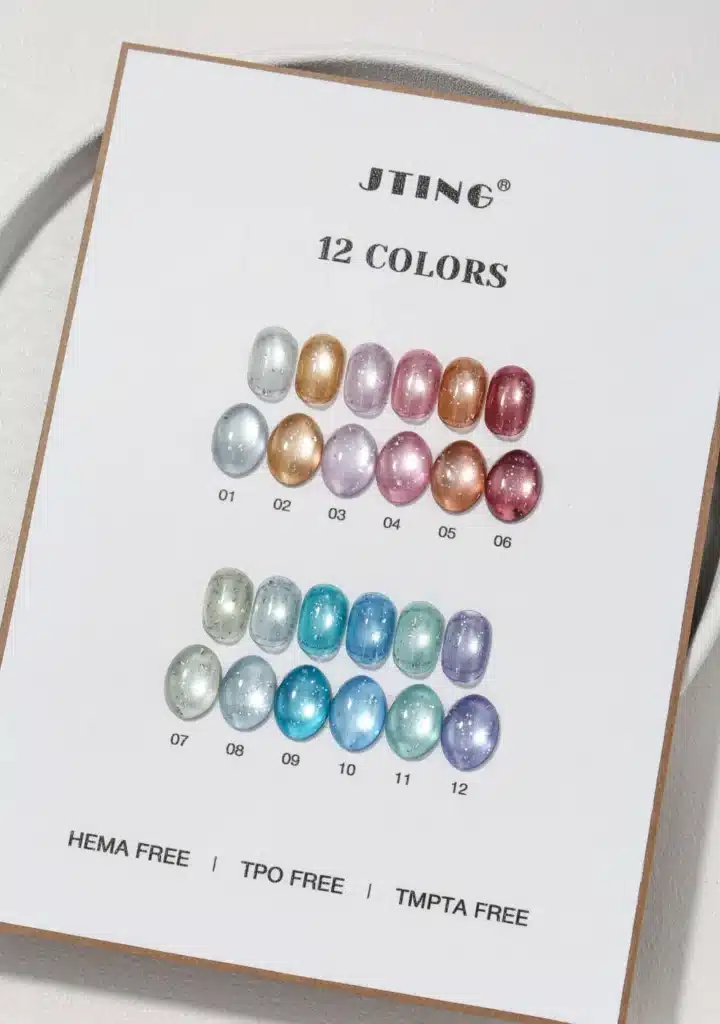 Official JTING twelve colors display menu clearly highlighting toxicological safety labels for HEMA free TPO free and TMPTA free procurement