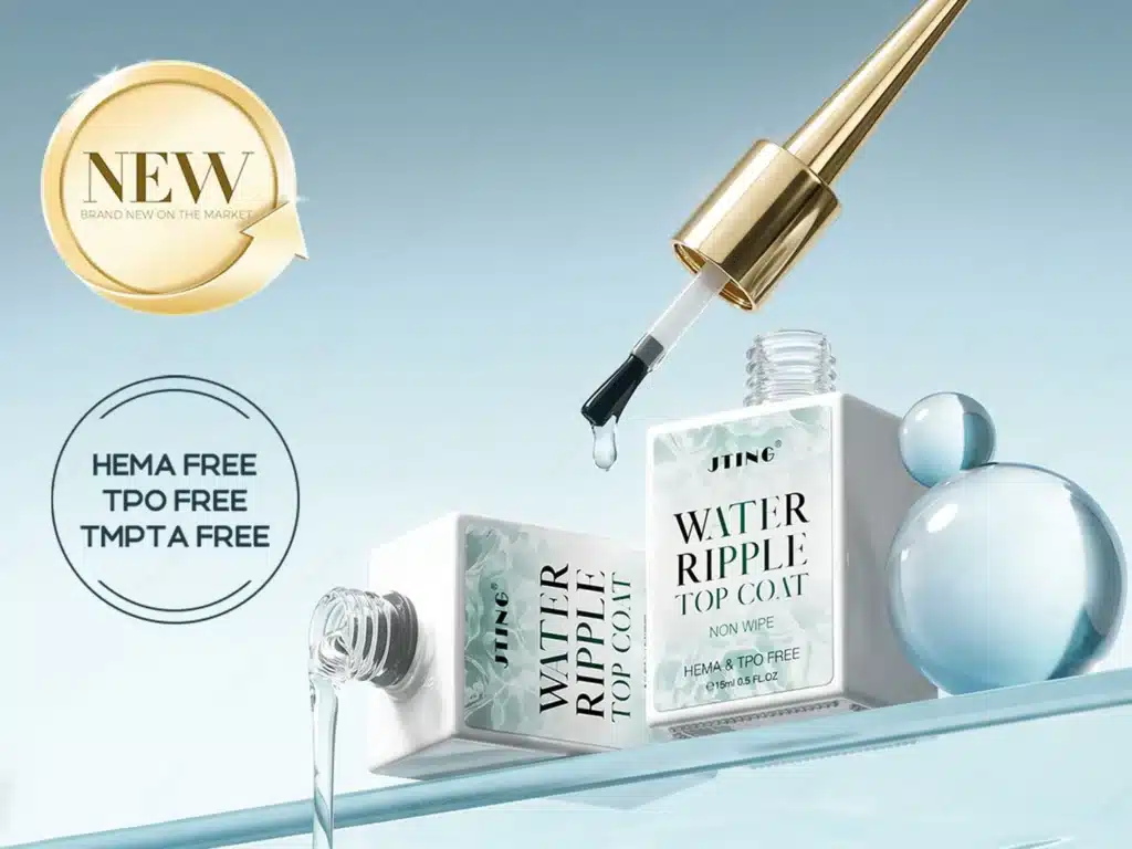 B2B wholesale product display of JTING non-wipe water ripple top coat certified HEMA-free, TPO-free, and TMPTA-free
