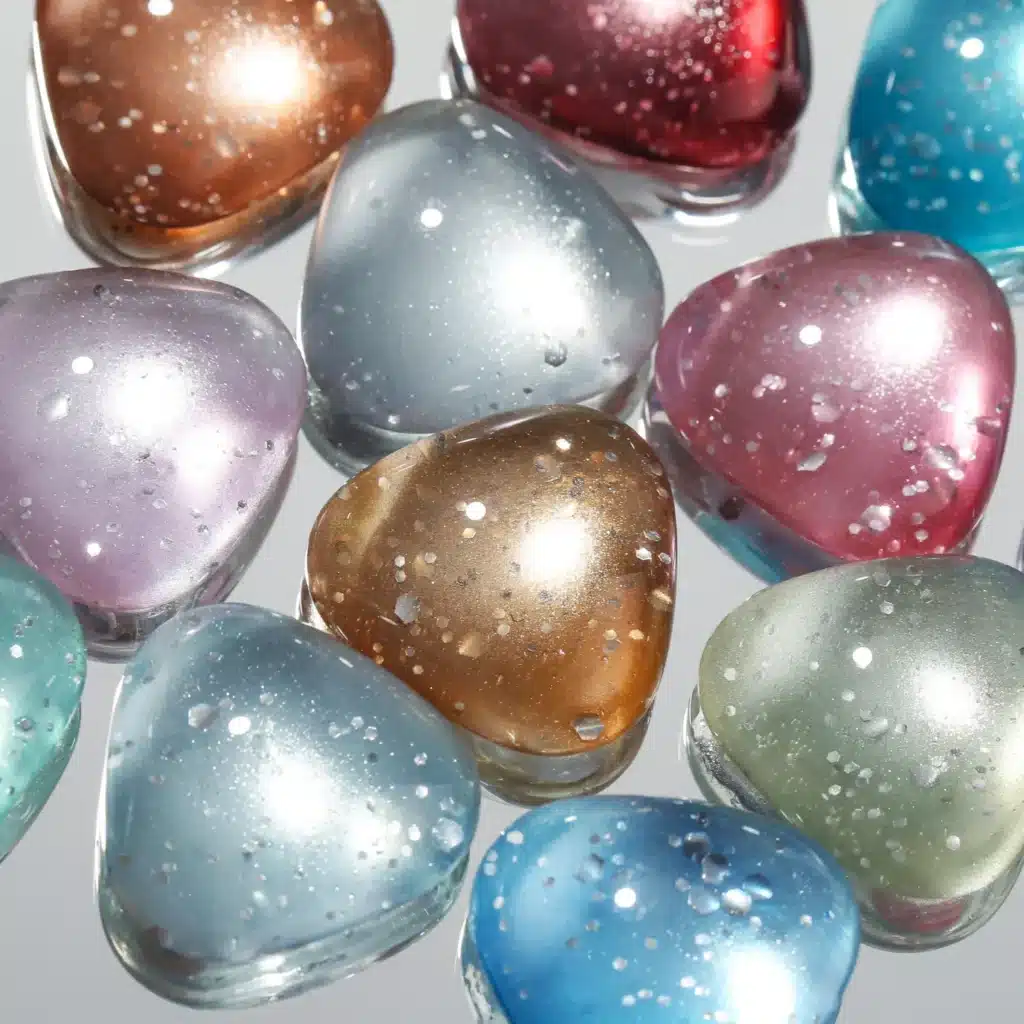 Macro close up view of semi transparent stone swatches showcasing floating multi angle glitter particles and suspended magnetic powder matrix